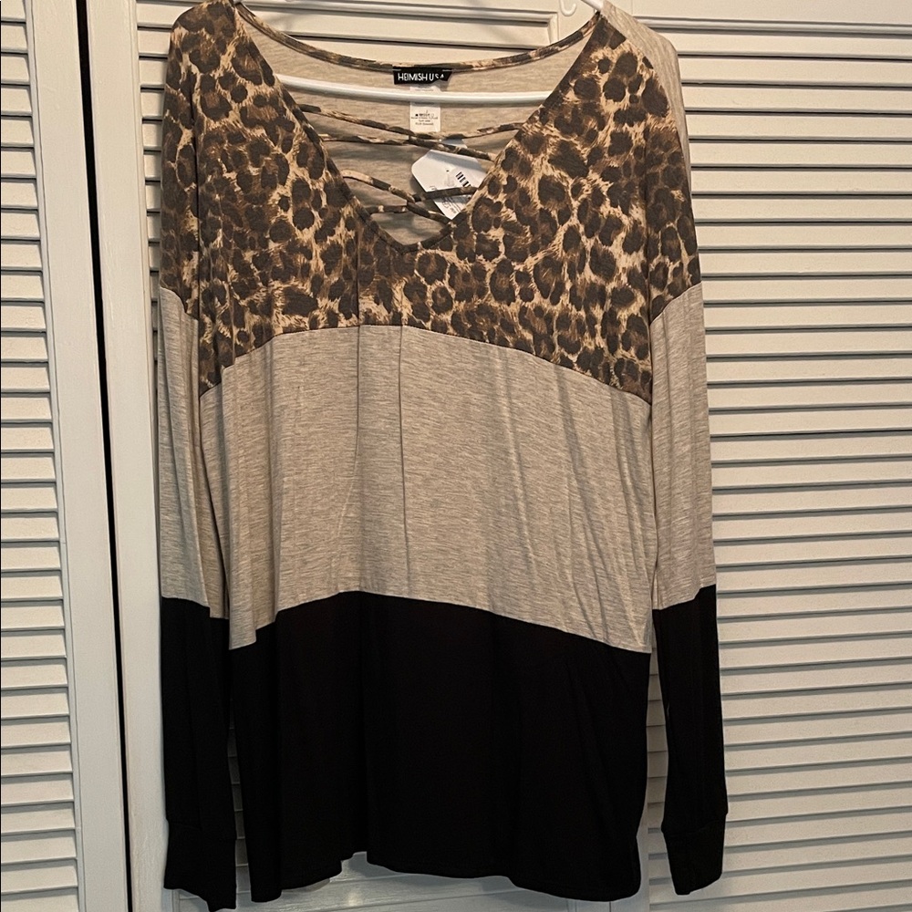 Leopard Print Color Block Women's Top, XL